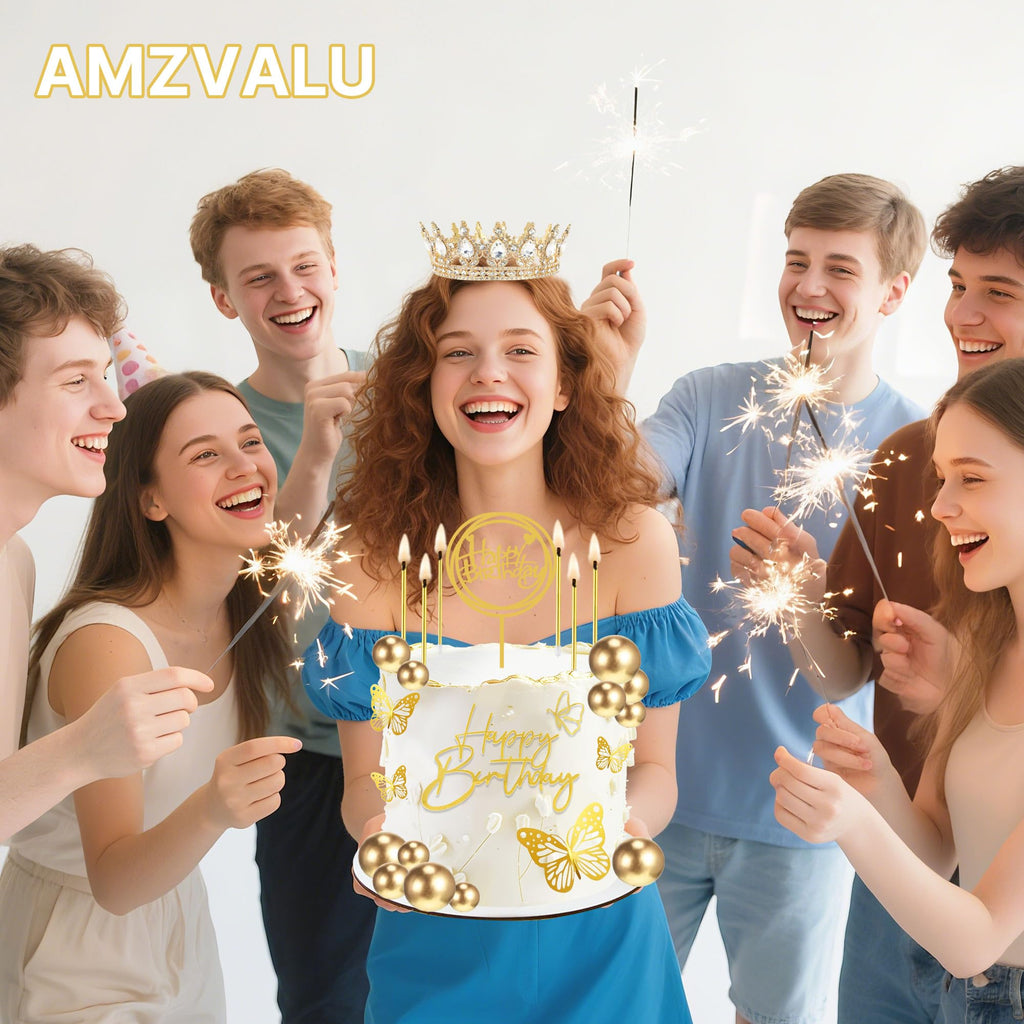 AMZVALU Gold and White Crown Cake Topper Set with Balls, Butterflies, Candles, and Happy Birthday Decorations for Women's Queen or Princess Birthday Parties