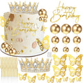 AMZVALU Gold Birthday Cake Topper Set with Crown, Balls, Butterflies, Candles - 35 Piece Party Decoration
