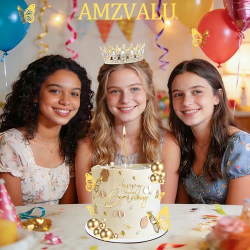 AMZVALU Gold Birthday Cake Topper Set with Crown, Balls, Butterflies, Candles - 35 Piece Party Decoration