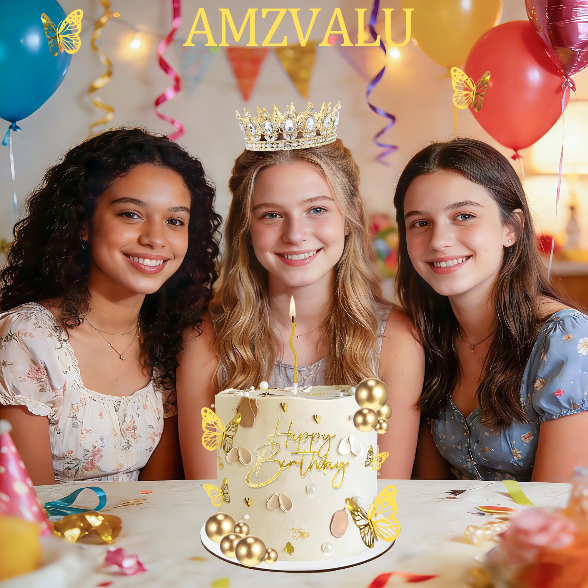 AMZVALU Gold Birthday Cake Topper Set with Crown, Balls, Butterflies, Candles - 35 Piece Party Decoration