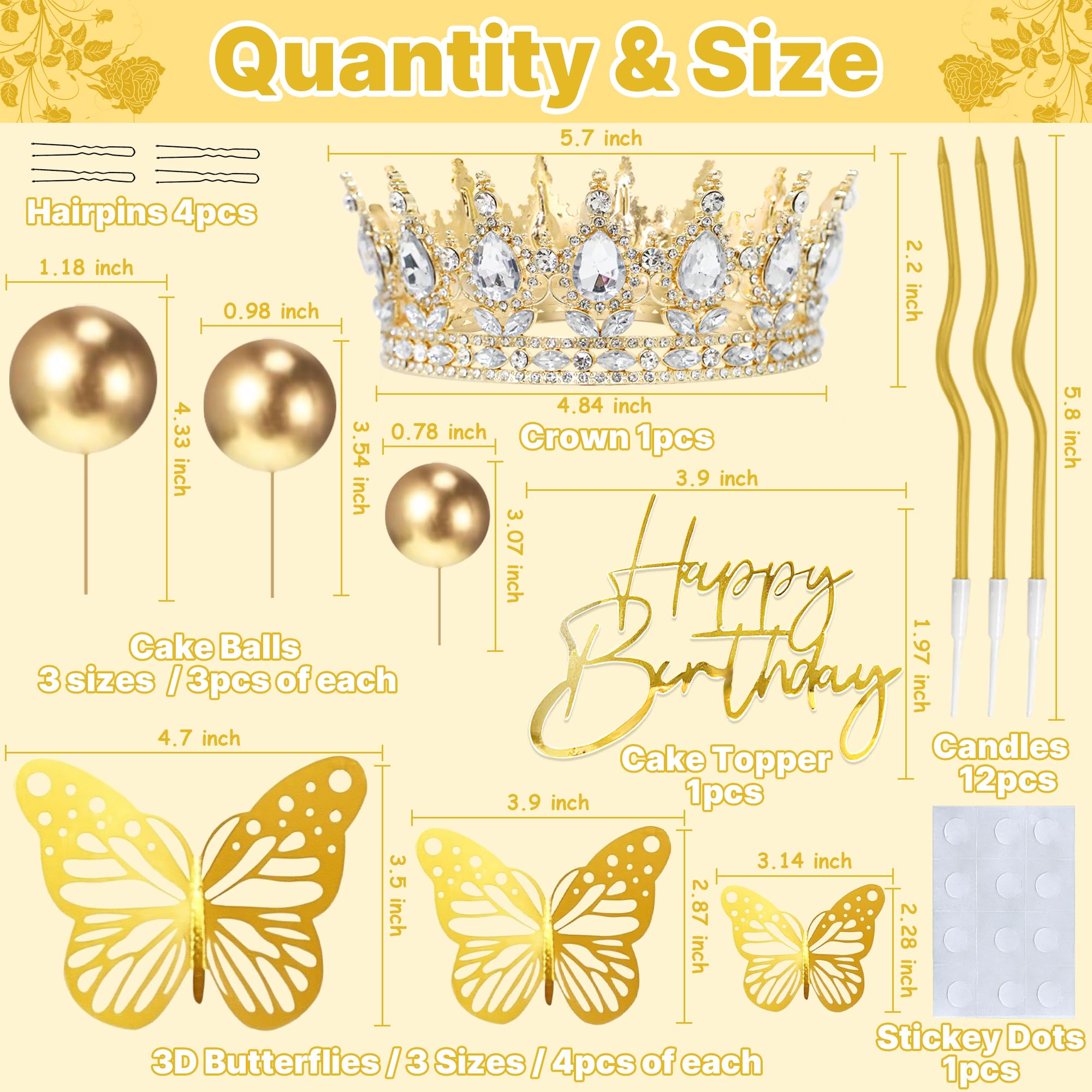 AMZVALU Gold Birthday Cake Topper Set with Crown, Balls, Butterflies, Candles - 35 Piece Party Decoration