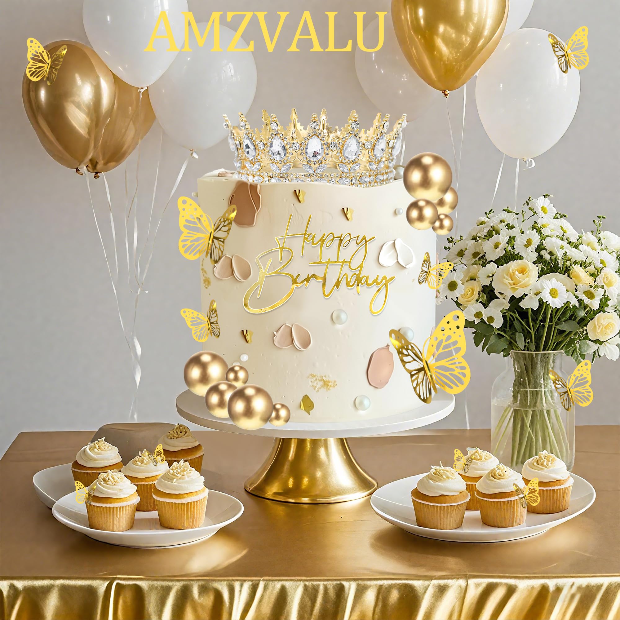 AMZVALU Gold Birthday Cake Topper Set with Crown, Balls, Butterflies, Candles - 35 Piece Party Decoration
