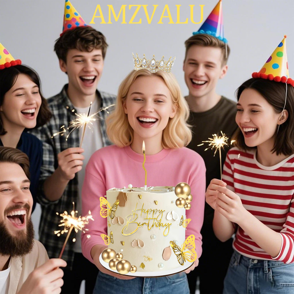 AMZVALU Gold Birthday Cake Topper Set with Crown, Balls, Butterflies, Candles - 35 Piece Party Decoration
