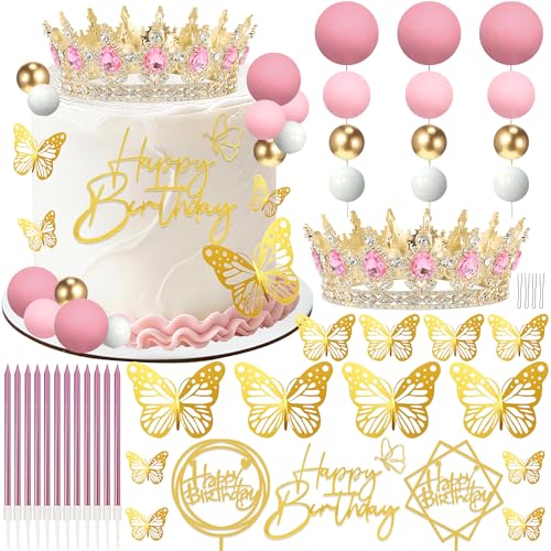 AMZVALU Pink Gold Crown Cake Topper Set - Reusable Crown with Balls, Butterflies, Candles, Happy Birthday Decor for Women Queen Princess Party