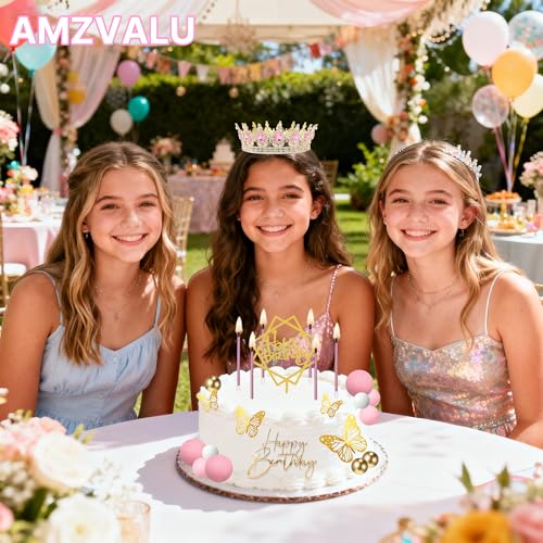 AMZVALU Pink Gold Crown Cake Topper Set - Reusable Crown with Balls, Butterflies, Candles, Happy Birthday Decor for Women Queen Princess Party