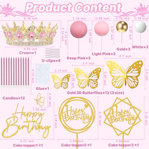 AMZVALU Pink Gold Crown Cake Topper Set - Reusable Crown with Balls, Butterflies, Candles, Happy Birthday Decor for Women Queen Princess Party