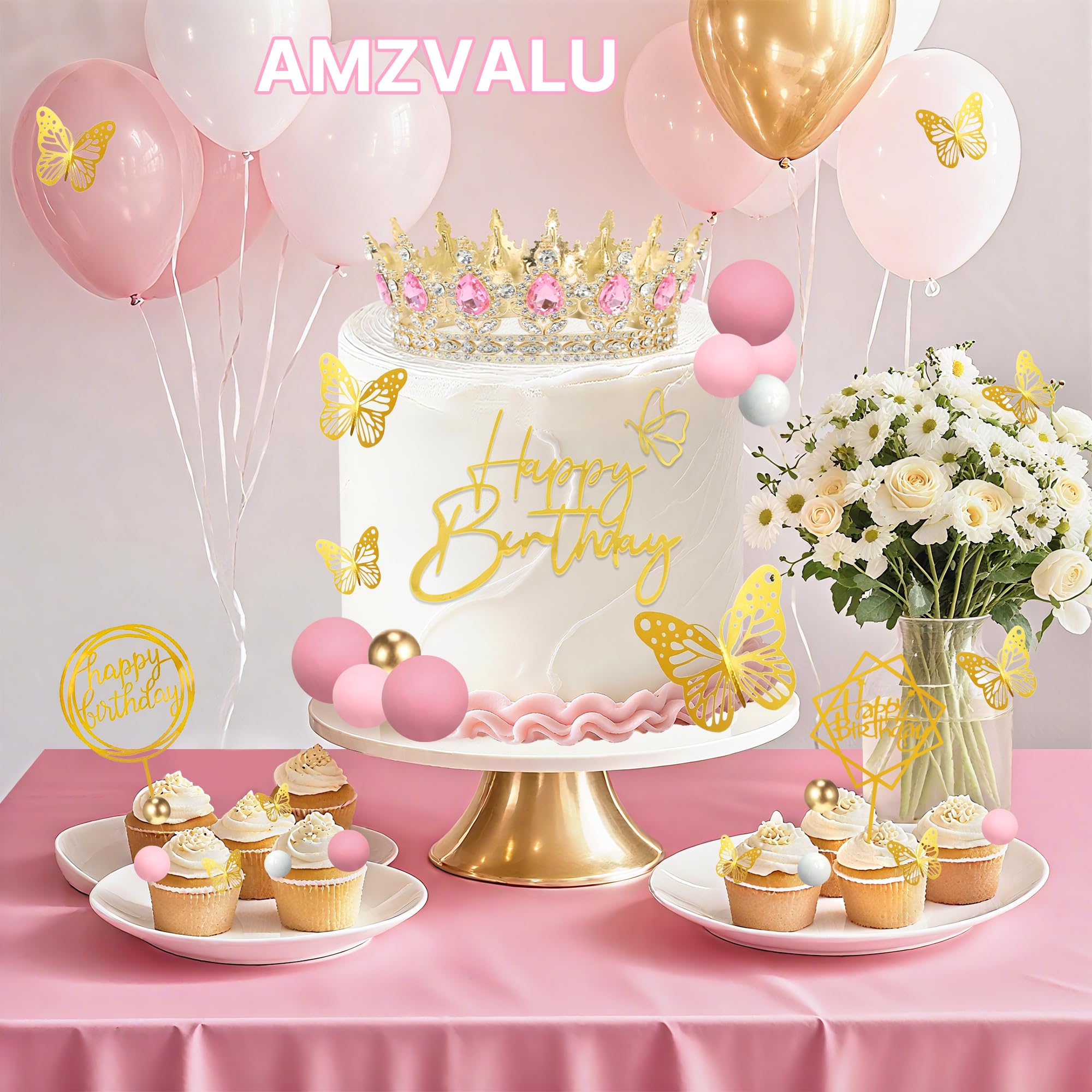 AMZVALU Pink Gold Crown Cake Topper Set - Reusable Crown with Balls, Butterflies, Candles, Happy Birthday Decor for Women Queen Princess Party
