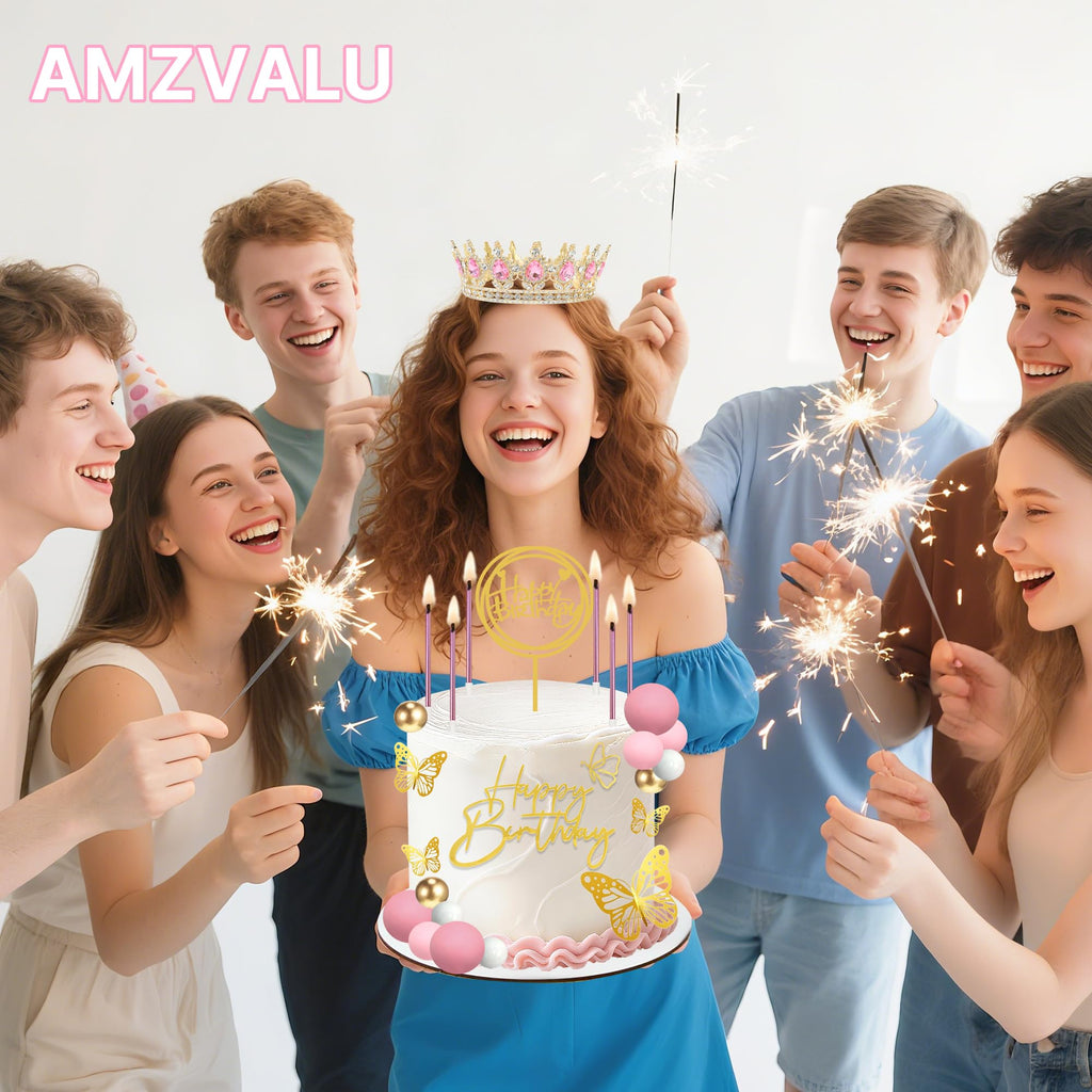 AMZVALU Pink Gold Crown Cake Topper Set - Reusable Crown with Balls, Butterflies, Candles, Happy Birthday Decor for Women Queen Princess Party