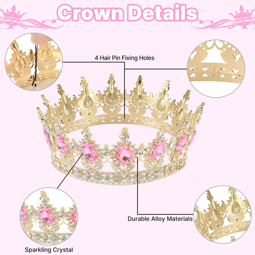 AMZVALU Pink Gold Crown Cake Topper Set - Reusable Crown with Balls, Butterflies, Candles, Happy Birthday Decor for Women Queen Princess Party