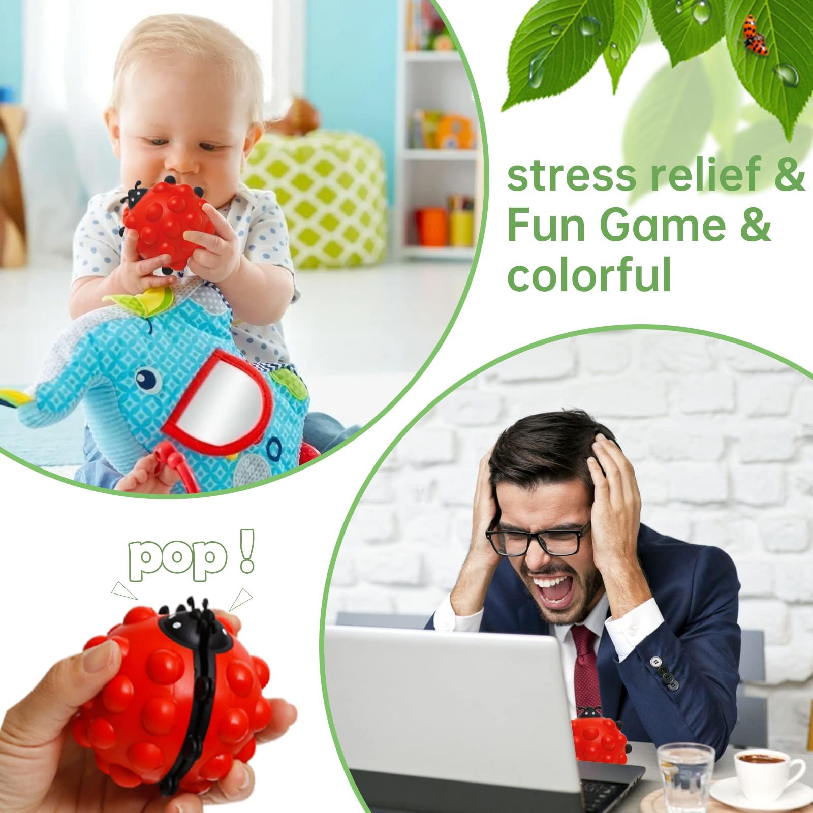 Anboor 2-Pack Ladybug Pop Fidget Toy - Squishy Sensory Bubble Popper Stress Relief