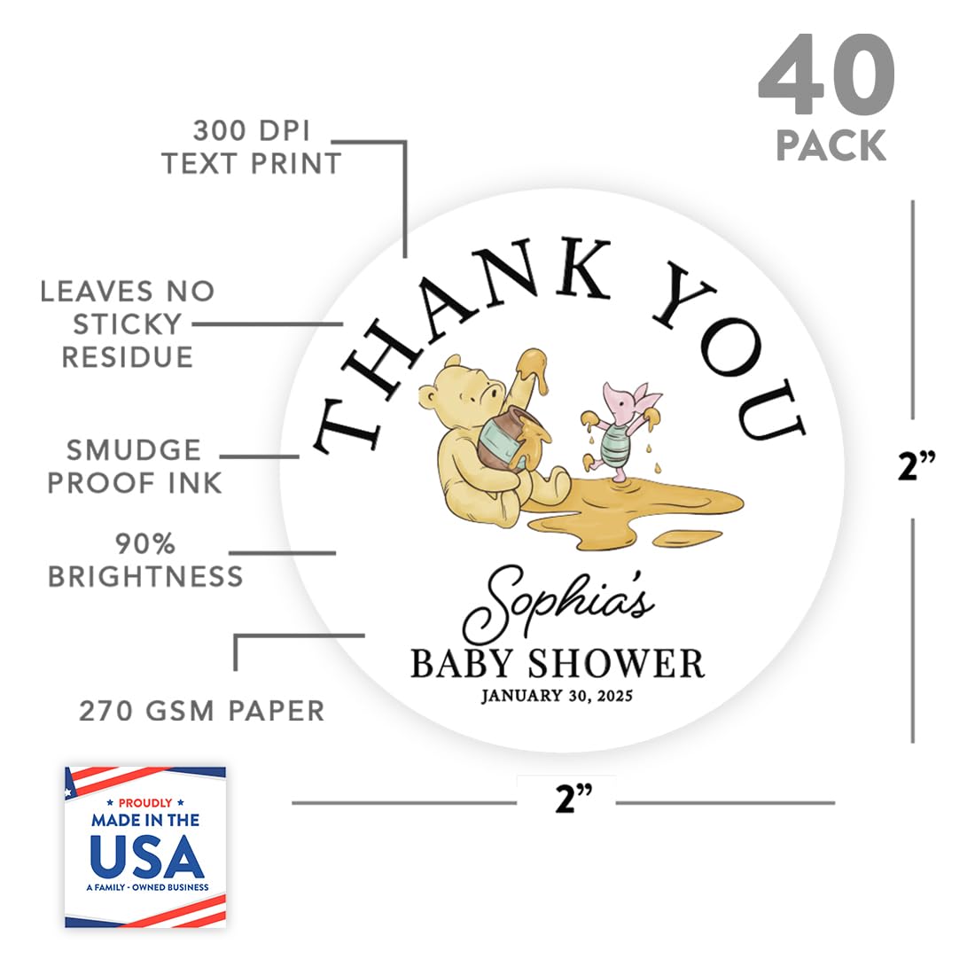 Andaz Press Personalized Winnie the Pooh Baby Shower Thank You Stickers – 40 Pack