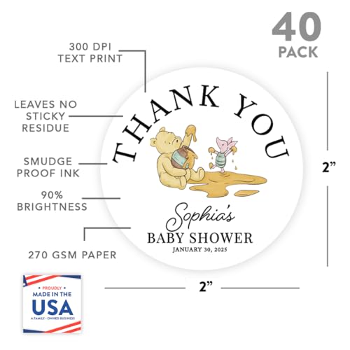 Andaz Press Personalized Winnie the Pooh Baby Shower Thank You Stickers – 40 Pack