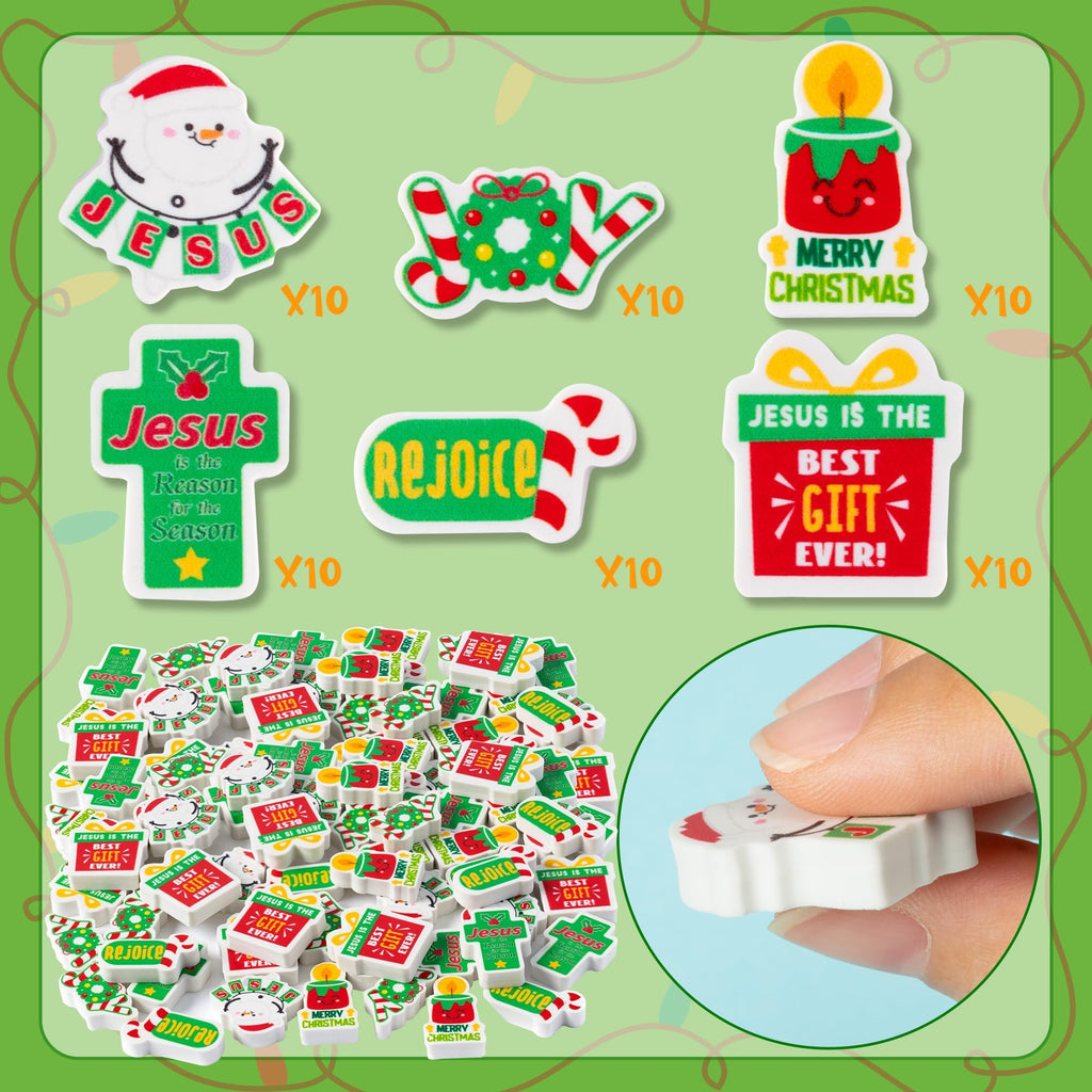 ANGOLIO 60-Pack Christian Mini Pencil Top Erasers – Religious Christmas Designs for Classroom Prizes and Party Favors