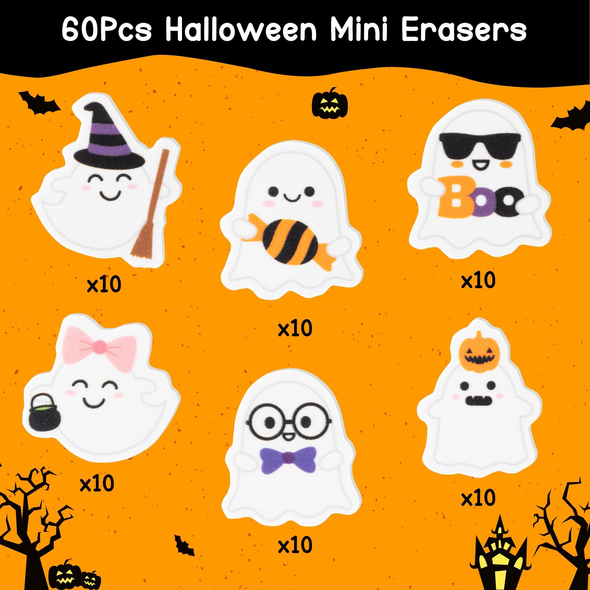 ANGOLIO 60-Pack Halloween Ghost Mini Erasers - Bulk Spooky Erasers for Kids, Party Favors, Classroom Rewards