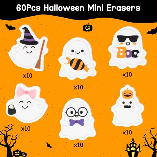 ANGOLIO 60-Pack Halloween Ghost Mini Erasers - Bulk Spooky Erasers for Kids, Party Favors, Classroom Rewards
