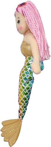 Anico 18 Inch Mermaid Plush Doll – Blonde Hair with Pink Streaks, Rainbow Tail, Soft Stuffed Mermaid Toy for Kids