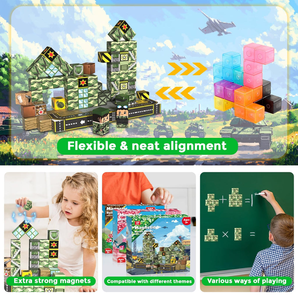 Annexfun 100-Piece Magnetic Building Blocks – Military Castle Theme, STEM Toy for Ages 3+