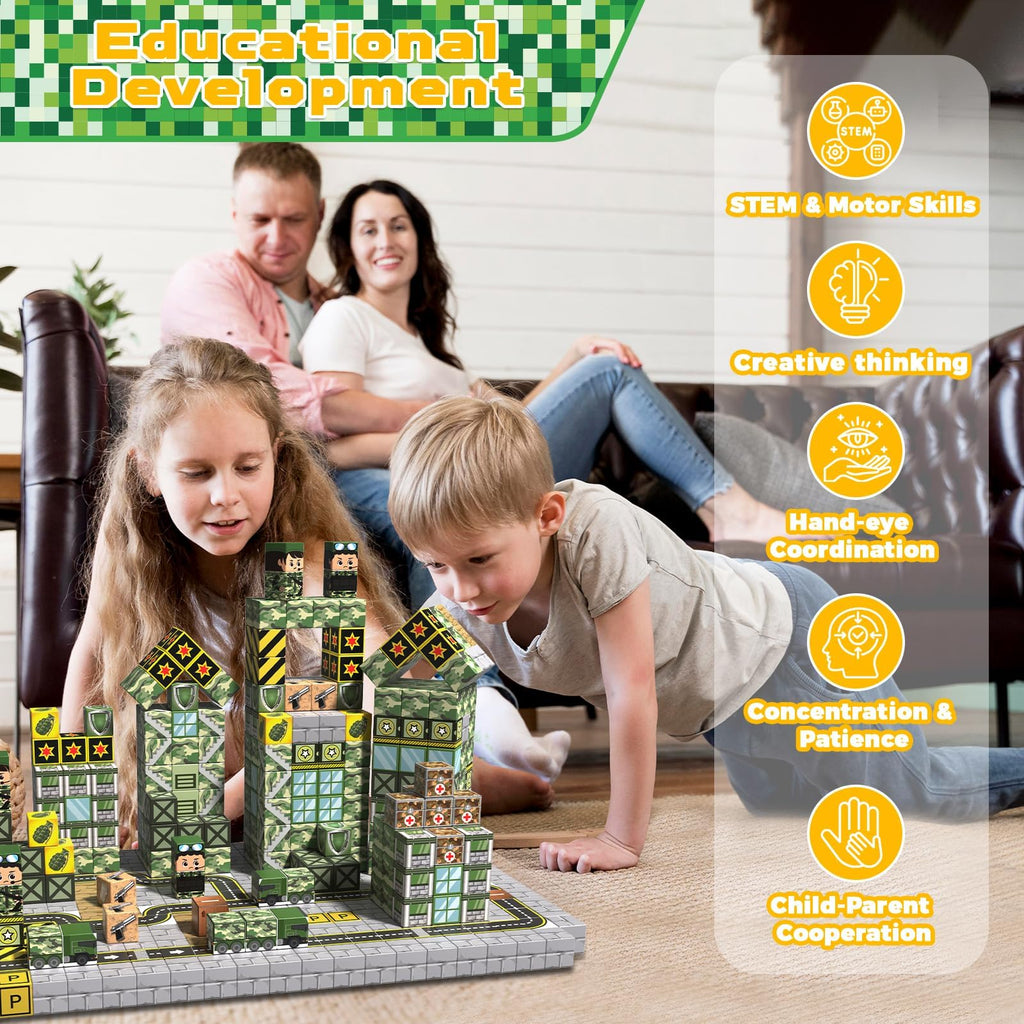 Annexfun 100-Piece Magnetic Building Blocks – Military Castle Theme, STEM Toy for Ages 3+