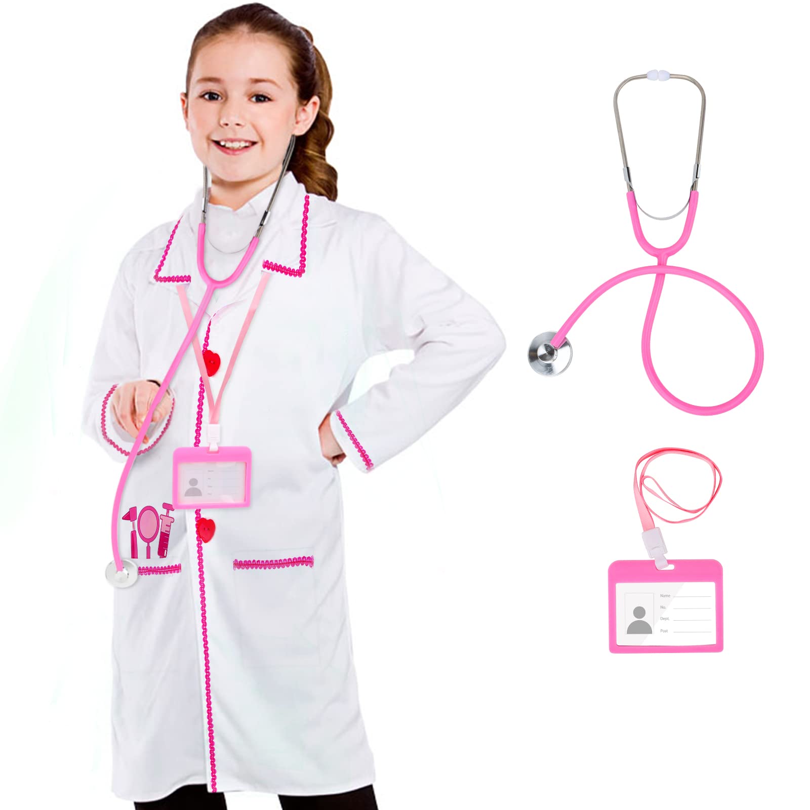 ANPHILE Kids Doctor Costume Set – White & Pink Lab Coat with Working Stethoscope for Toddler Girls Ages 3-8
