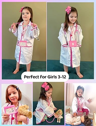 ANPHILE Kids Doctor Costume Set – White & Pink Lab Coat with Working Stethoscope for Toddler Girls Ages 3-8