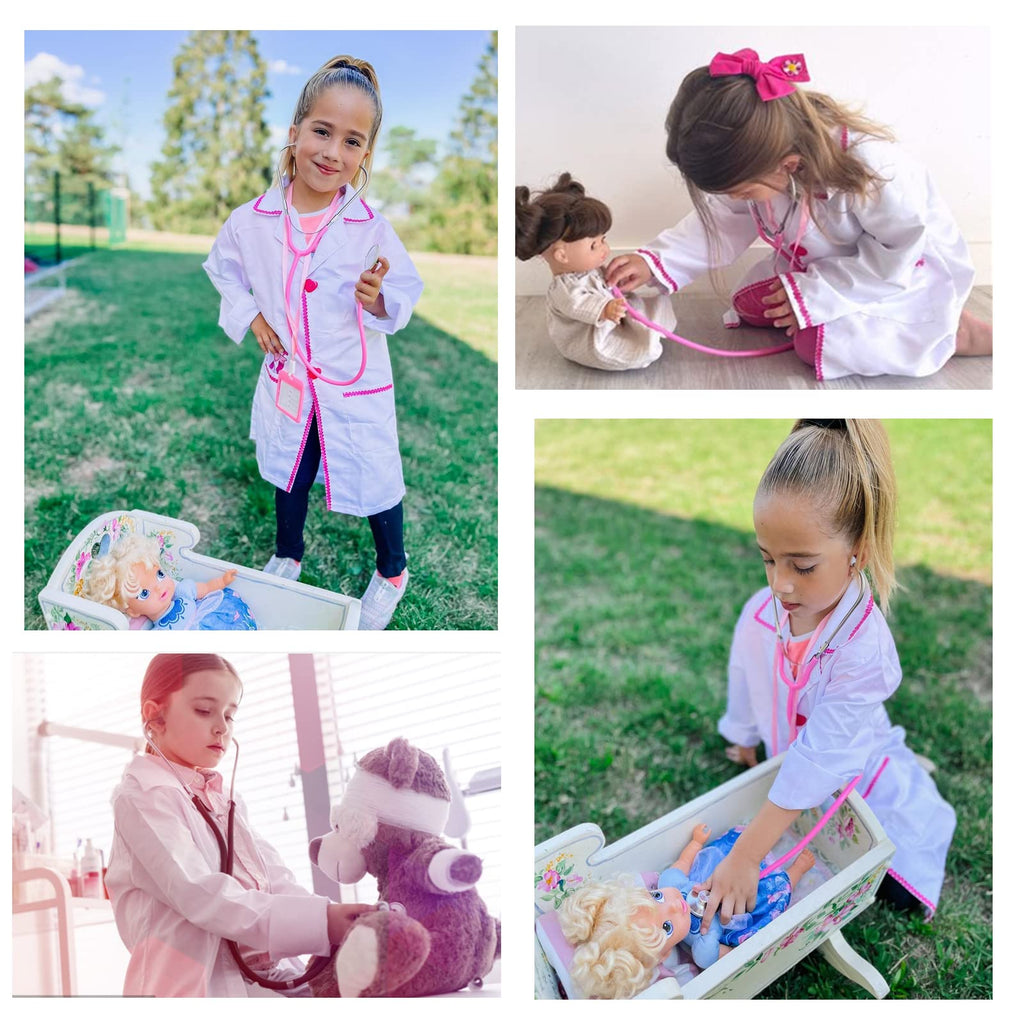 ANPHILE Kids Doctor Costume Set – White & Pink Lab Coat with Working Stethoscope for Toddler Girls Ages 3-8