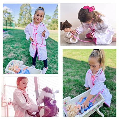 ANPHILE Kids Doctor Costume Set – White & Pink Lab Coat with Working Stethoscope for Toddler Girls Ages 3-8