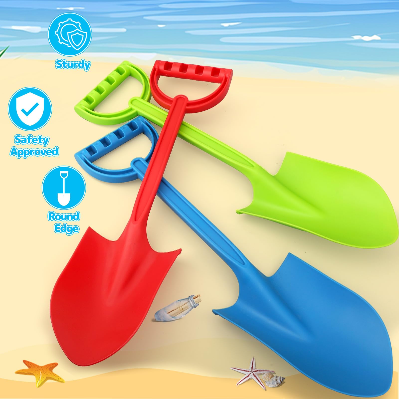 Anzmtosn 3 Pack 16-Inch Heavy-Duty Plastic Beach Shovels for Kids and Adults - Blue Sand Scoops for Sandbox, Gardening, Snow
