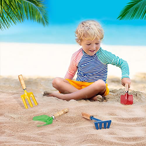 Anzmtosn Kids Metal Garden Tool Set – 4-Piece Sandbox & Beach Toy Kit with Rake, Spade, Hoe, Leaf Rake