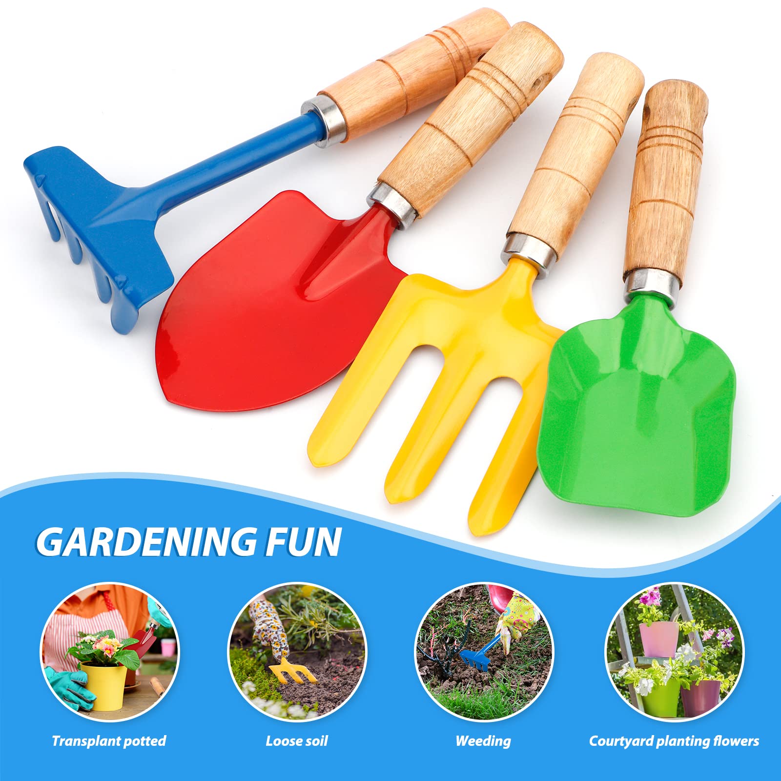 Anzmtosn Kids Metal Garden Tool Set – 4-Piece Sandbox & Beach Toy Kit with Rake, Spade, Hoe, Leaf Rake