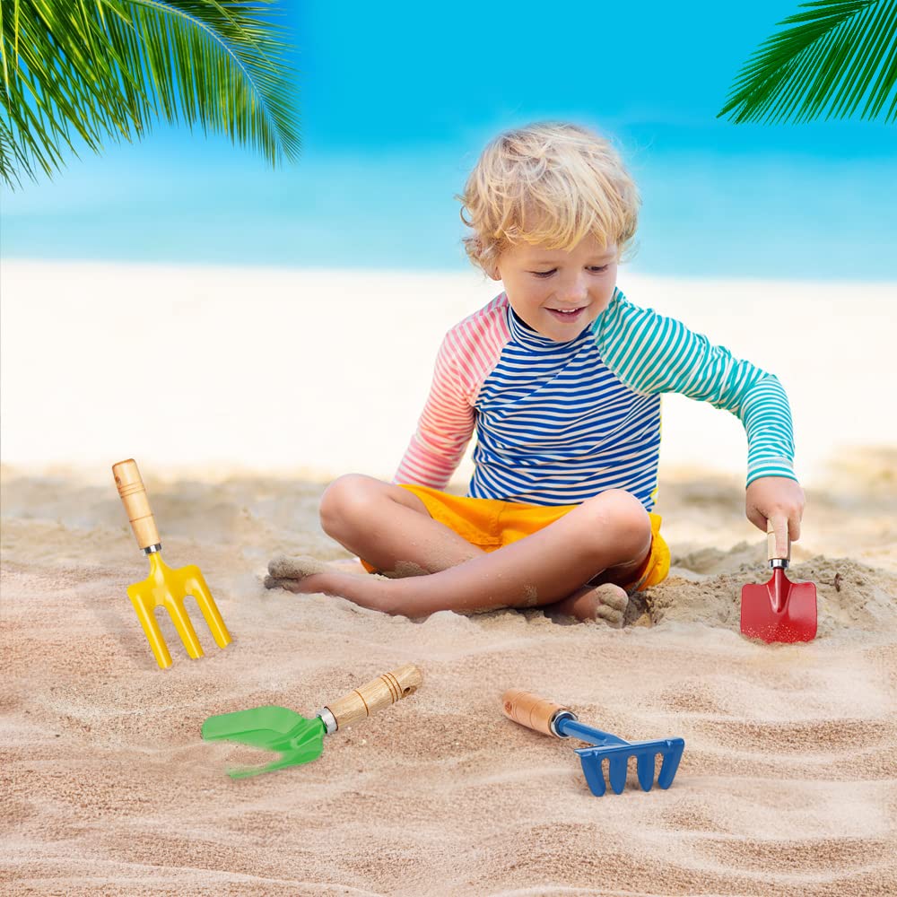 Anzmtosn Kids Metal Garden Tool Set – 4-Piece Sandbox & Beach Toy Kit with Rake, Spade, Hoe, Leaf Rake