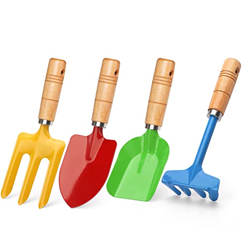 Anzmtosn Kids Metal Garden Tool Set – 4-Piece Sandbox & Beach Toy Kit with Rake, Spade, Hoe, Leaf Rake