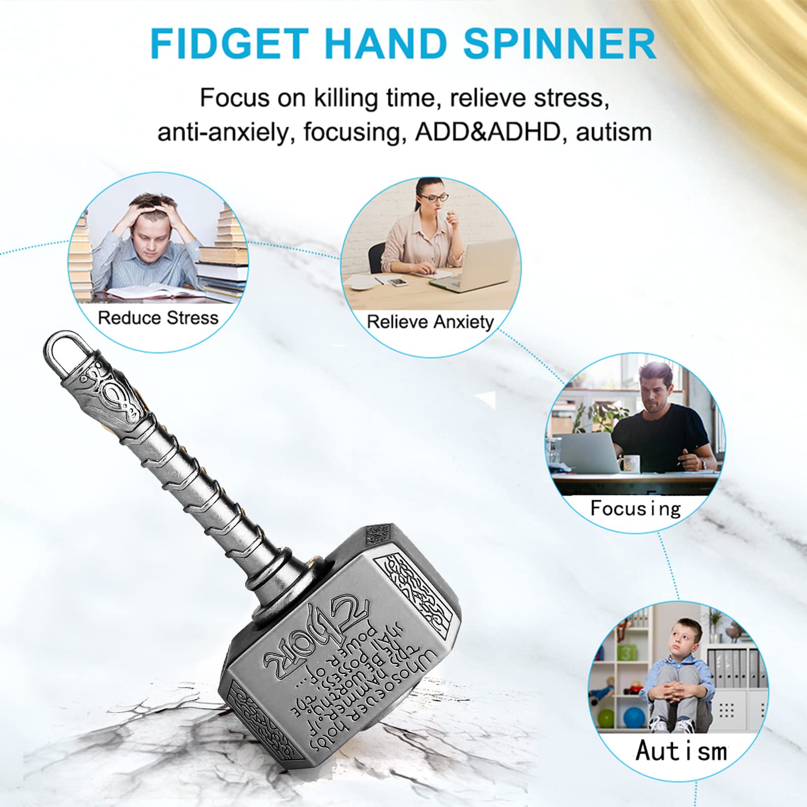 Anzmtosn Metal Fidget Spinner Battle Hammer 2-in-1 with Two Spin Modes – Quiet Stress Relief Toy for Kids and Adults (Black)
