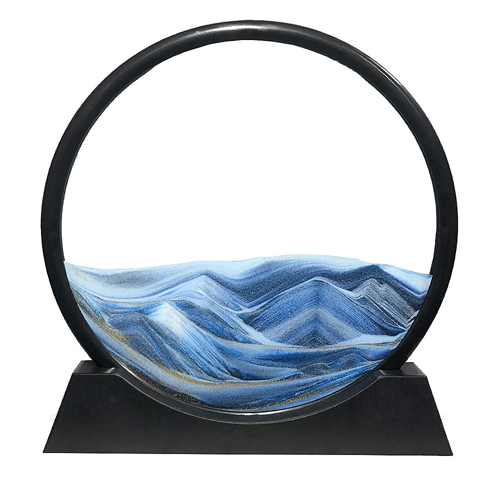 Aoderun 7 Inch Round Moving Sand Art Picture - Blue 3D Deep Sea Sandscape in Motion, Relaxing Desktop Decor
