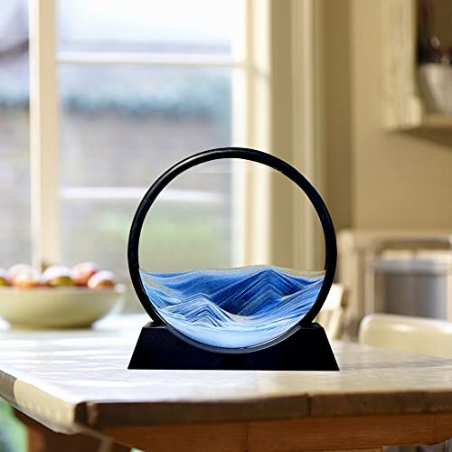 Aoderun 7 Inch Round Moving Sand Art Picture - Blue 3D Deep Sea Sandscape in Motion, Relaxing Desktop Decor