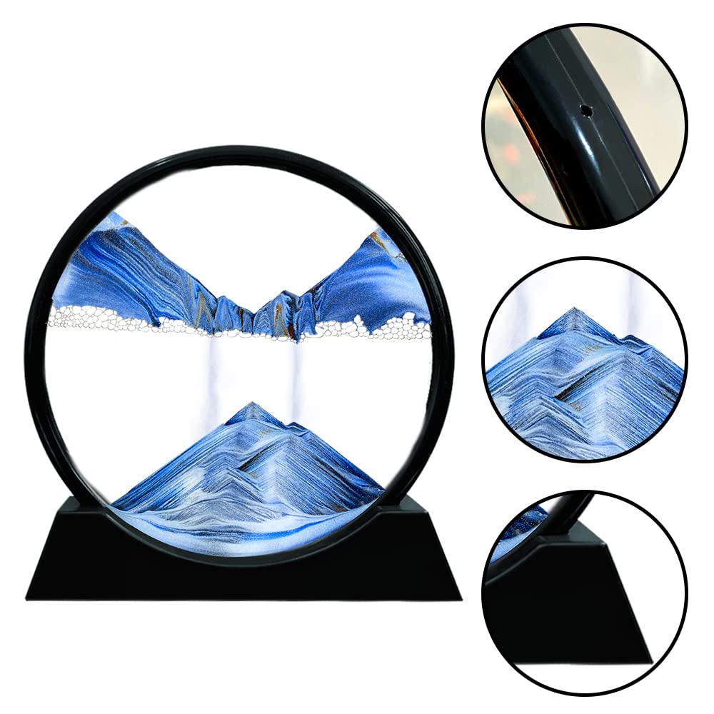 Aoderun 7 Inch Round Moving Sand Art Picture - Blue 3D Deep Sea Sandscape in Motion, Relaxing Desktop Decor