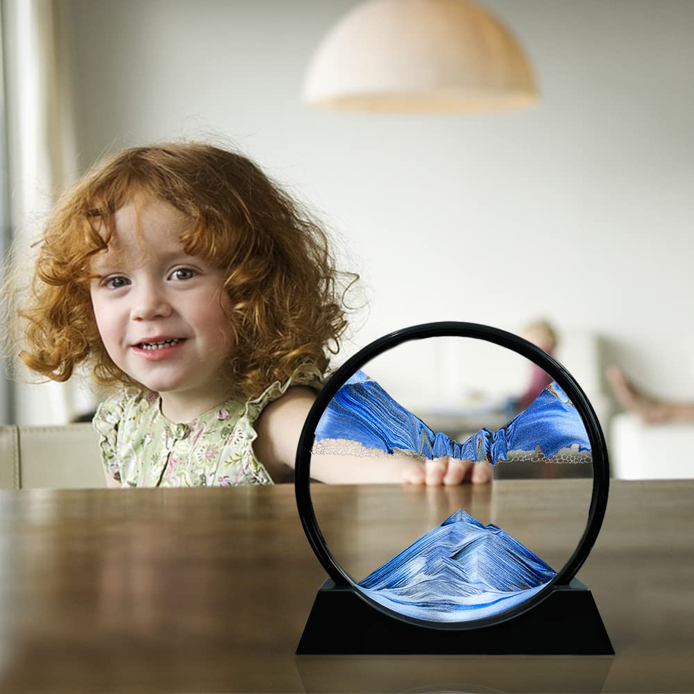 Aoderun 7 Inch Round Moving Sand Art Picture - Blue 3D Deep Sea Sandscape in Motion, Relaxing Desktop Decor