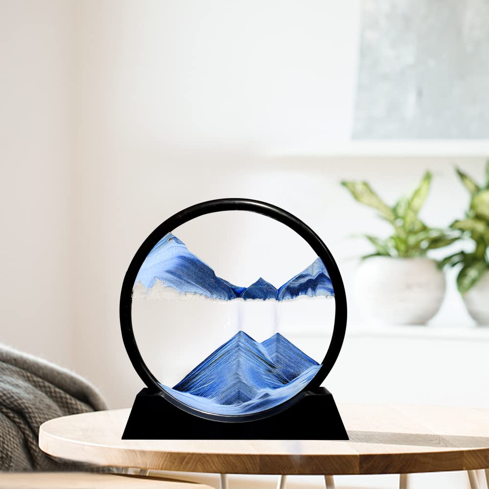Aoderun 7 Inch Round Moving Sand Art Picture - Blue 3D Deep Sea Sandscape in Motion, Relaxing Desktop Decor