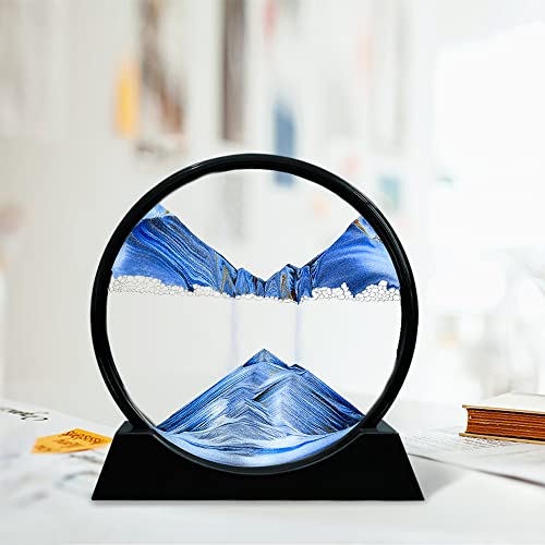 Aoderun 7 Inch Round Moving Sand Art Picture - Blue 3D Deep Sea Sandscape in Motion, Relaxing Desktop Decor