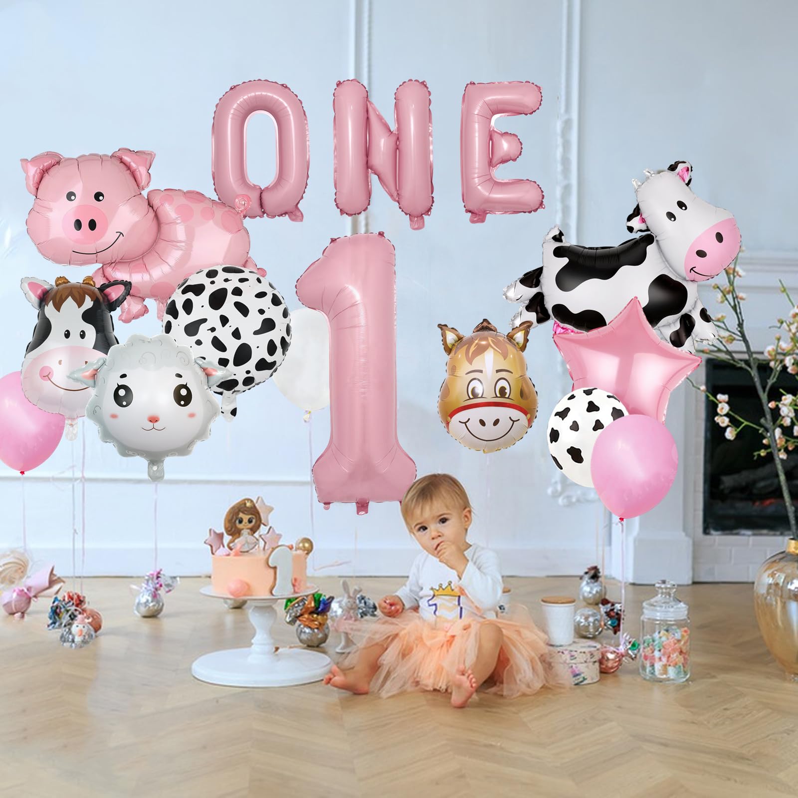 AODESAI 19-Piece Farm Animal Balloon Set for 1st Birthday - Number 1 Foil Balloons with Cow, Sheep, Pig & Donkey