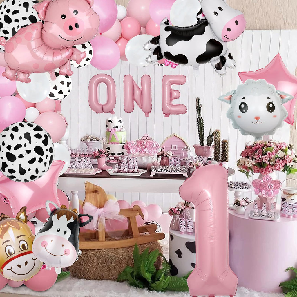 AODESAI 19-Piece Farm Animal Balloon Set for 1st Birthday - Number 1 Foil Balloons with Cow, Sheep, Pig & Donkey