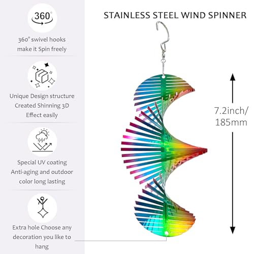 Aoedelyart Rainbow Wave Wind Spinner - 7 Inch Stainless Steel Reflective Outdoor Hanging Decor