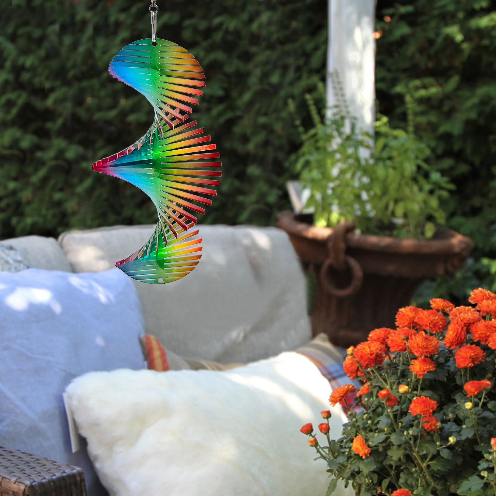 Aoedelyart Rainbow Wave Wind Spinner - 7 Inch Stainless Steel Reflective Outdoor Hanging Decor