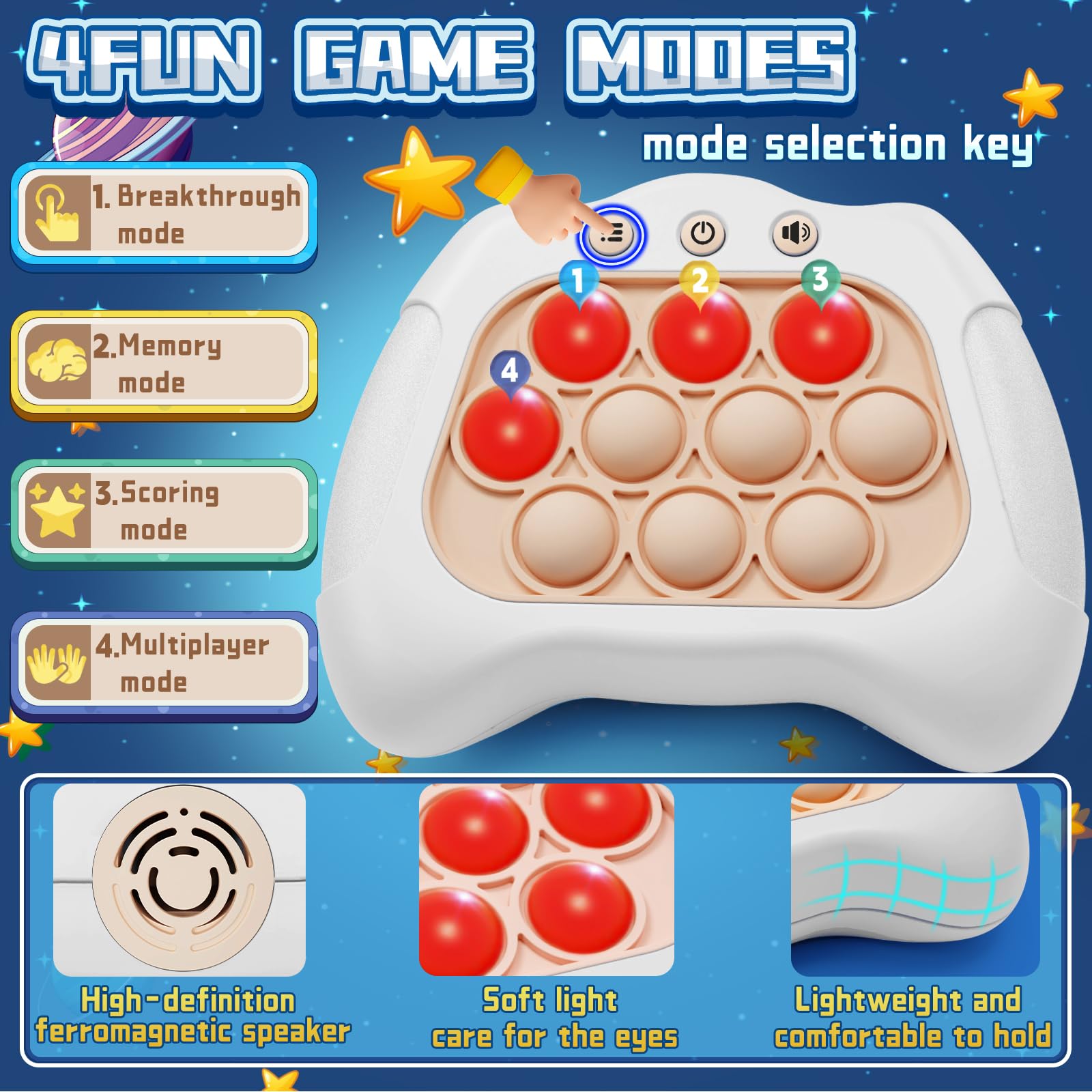 Aolgen Quick Push Game – Light Up Fast Push Bubble Game with 4 Modes, Sensory Toy for Kids 3-12 and Adults (White)