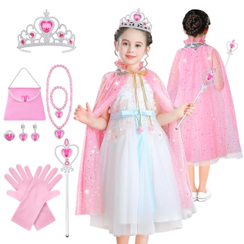 AOMIG 11-Piece Princess Cape Set with Crown, Wand, Jewelry & Bag for Girls 3-8