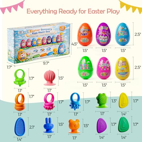 AONTESS Prefilled Easter Eggs with Quiet Sensory Fidgets – 12 Pack of Worry Stones, Suction Toys & Spinner Rings for Calming, Autism & ADHD
