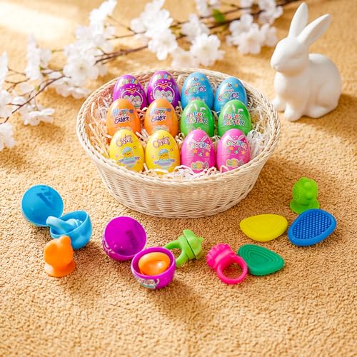 AONTESS Prefilled Easter Eggs with Quiet Sensory Fidgets – 12 Pack of Worry Stones, Suction Toys & Spinner Rings for Calming, Autism & ADHD