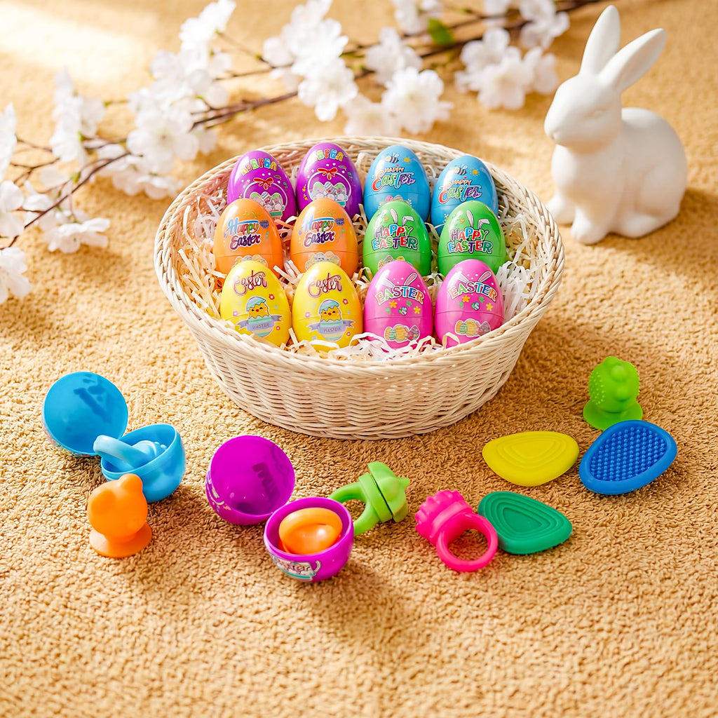 AONTESS Prefilled Easter Eggs with Quiet Sensory Fidgets – 12 Pack of Worry Stones, Suction Toys & Spinner Rings for Calming, Autism & ADHD