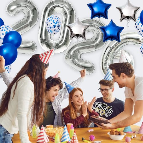 AOOTOOSPORT 2026 Graduation Balloons Kit - 40 Inch Silver Number Balloons with Blue & White Latex, Star Foil, and Confetti Balloons - 28 Piece Party Set