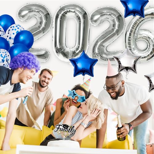 AOOTOOSPORT 2026 Graduation Balloons Kit - 40 Inch Silver Number Balloons with Blue & White Latex, Star Foil, and Confetti Balloons - 28 Piece Party Set