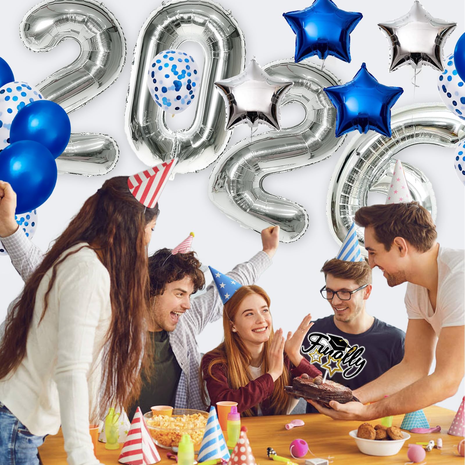 AOOTOOSPORT 2026 Graduation Balloons Kit - 40 Inch Silver Number Balloons with Blue & White Latex, Star Foil, and Confetti Balloons - 28 Piece Party Set